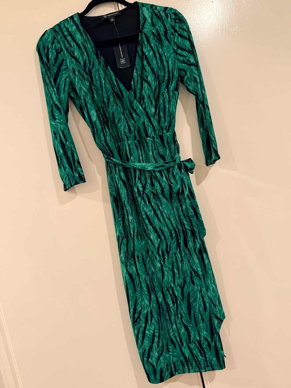 INC International Concepts Emerald Green Print 3/4 Sleeve Wrap Midi Dress -S NWT - Picture 3 of 4